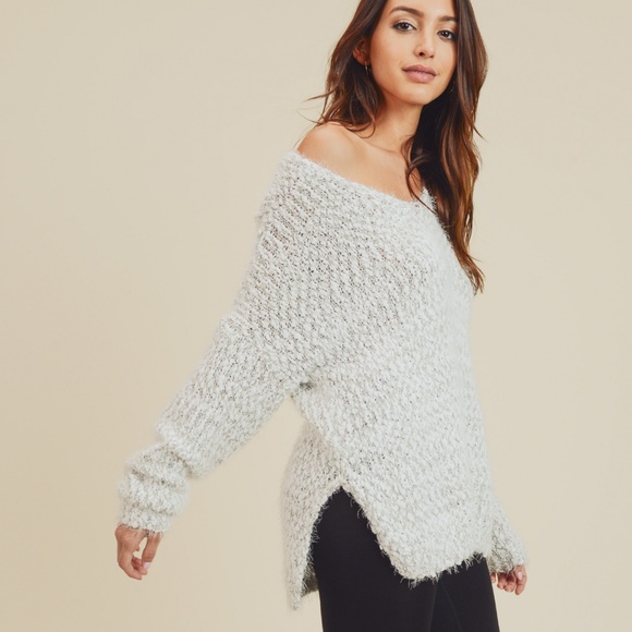Fuzzy Sweater Top Deep V Neck - Picture 1 of 5